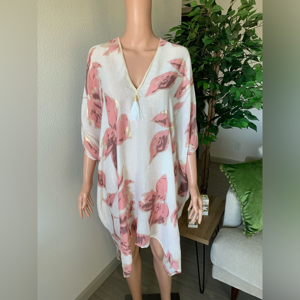 Pool to Party Classy White, Pink, and Gold Kaftan Cover-Up - One Size